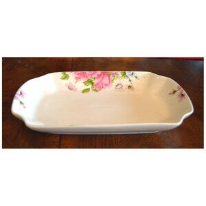 K & K Bread Tray Platter Rectangular White Ceramic Pink Floral KR8410 ~9-7/8" l